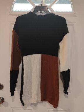 Colorblock Knit Sweater Dress - Black, Brown, Cream Size M